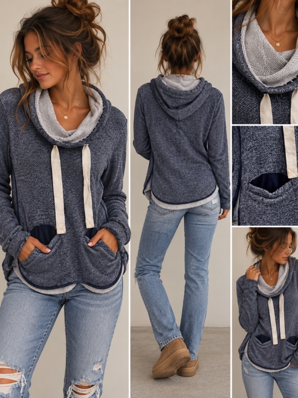 Roxy Cowl Neck Hoodie Blue Gray Marled Pullover Women’s Large Cozy Sweater